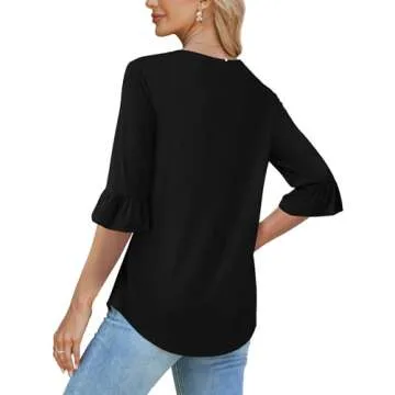SAMPEEL Blouses for Women Dressy Casual Bell Sleeves Tops Travel Summer Outfits 2025 Tunic Tops to Wear with Leggings Black S