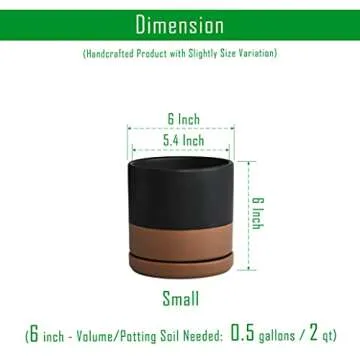 D'vine Dev 6 Inch Ceramic Planter Pot with Drainage Hole and Saucer, Indoor Cylinder Round Planter Pot, Black/Speckled Tan, 94-O-C-7