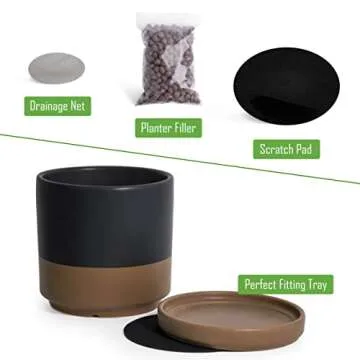 D'vine Dev 6 Inch Ceramic Planter Pot with Drainage Hole and Saucer, Indoor Cylinder Round Planter Pot, Black/Speckled Tan, 94-O-C-7