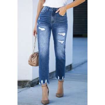 Sidefeel Women's Jeans Straight Leg High Waisted Ripped Ankle Denim Pants Sky Blue Size 14