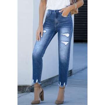 Sidefeel Women's Jeans Straight Leg High Waisted Ripped Ankle Denim Pants Sky Blue Size 14