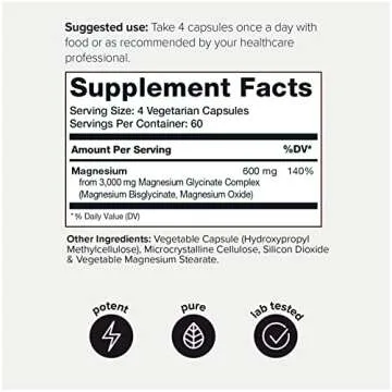 Toniiq 3,000mg Ultra High Strength Magnesium Glycinate - 20% Purified to Contain 600mg of Elemental ...