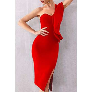 UONBOX Women's One Shoulder Sleeveless Knee Length Side Split Fashion Bandage Dress (L, Red)