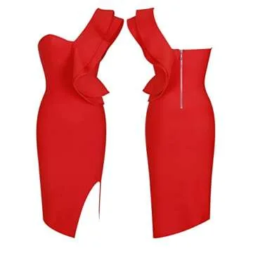 UONBOX One Shoulder Knee Length Bandage Dress Red