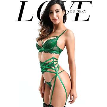LOVE YOU SEXY Women Lace Lingerie Set,Lace Bra and panty with Girdled 3 Pieces Set Emerald 32B