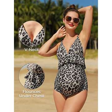 Summer Mae Women's Maternity Tummy Control Swimsuit Ruffled One Piece Bathing Suit V-Neck Leopard Swimwear Gray Leopard Large