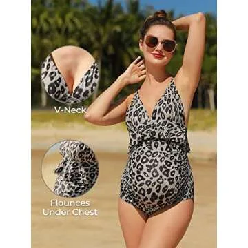 Summer Mae Women's Maternity Tummy Control Swimsuit Ruffled One Piece Bathing Suit V-Neck Leopard Swimwear Gray Leopard Large