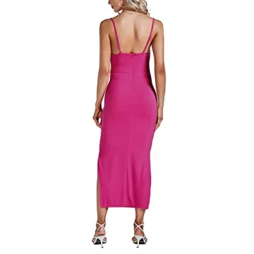 Umenlele Women's Sexy Cowl Neck Backless Split Ribbed Sleeveless Bodycon Midi Dress Rose Red Medium