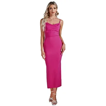 Umenlele Women's Sexy Cowl Neck Backless Split Ribbed Sleeveless Bodycon Midi Dress Rose Red Medium