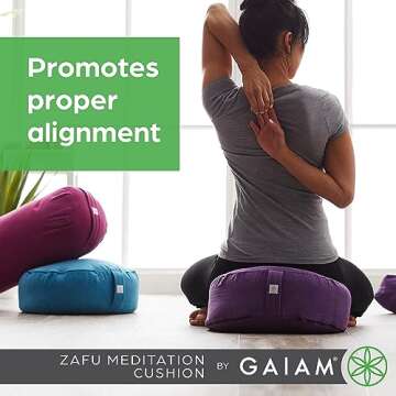 Gaiam Zafu Yoga Meditation Cushion - Ergonomic Buckwheat Hull Floor Pillow for Posture Support, Tailored Comfort with Adjustable Filling, Carry Handle, Versatile for Pilates and Relaxation - Purple