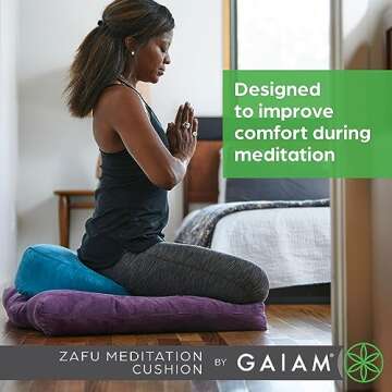 Gaiam Zafu Yoga Meditation Cushion - Ergonomic Buckwheat Hull Floor Pillow for Posture Support, Tailored Comfort with Adjustable Filling, Carry Handle, Versatile for Pilates and Relaxation - Purple