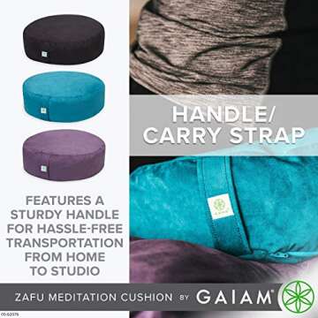 Gaiam Zafu Yoga Meditation Cushion - Ergonomic Buckwheat Hull Floor Pillow for Posture Support, Tailored Comfort with Adjustable Filling, Carry Handle, Versatile for Pilates and Relaxation - Purple