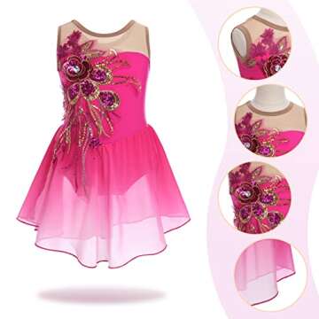 Figure Skating Dress for Girls Sequin Flower Mesh Ice Skating Dress Ballet Dance Leotard Dress for Competition Costume