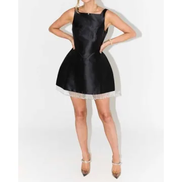 SCOFEEL Women's Satin Dress Sexy Sleeveless Low Cut Back Party Club Bodycon Embellished Trim Mini Dress Black