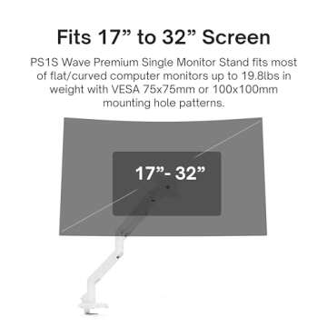 Pixio PS1S Wave White Single Monitor Arm Stand Desk Mount - Fits up to 32 inches Monitors and up to 19.8lbs. VESA Compatibility and Integrated Cable Management