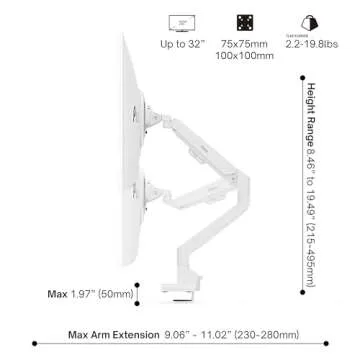Pixio PS1S Wave White Single Monitor Arm Stand Desk Mount - Fits up to 32 inches Monitors and up to 19.8lbs. VESA Compatibility and Integrated Cable Management