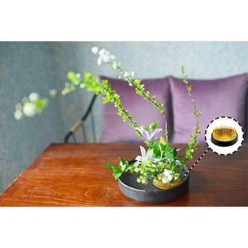 SVY Japanese Kenzan Ikebana Flower Arranger, Diameter 3¼ Inches, Kenzan Flower Frog with Needle Calibrator and Cleaning Brush - Round 3.2"