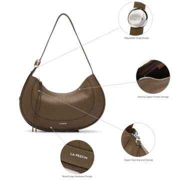 LA FESTIN Leather Crescent Bag - Adjustable Strap Shoulder Bag For Women’s Crossbody Handbags, Designer Trendy Satchel Purses For Women With Zipper Closure - Elephant Grey