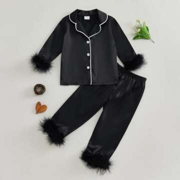 MAINESAKA Toddler Baby Girl Satin Pajamas Set Feather Trim Long Sleeve Button Down Tops Long Pants 2...