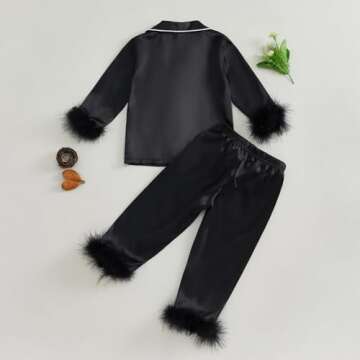 MAINESAKA Toddler Baby Girl Satin Pajamas Set Feather Trim Long Sleeve Button Down Tops Long Pants 2Pcs Pjs Sleepwear Outfits (A-Black, 2-3 Years)