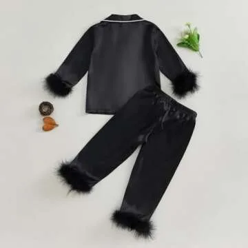 MAINESAKA Toddler Baby Girl Satin Pajamas Set Feather Trim Long Sleeve Button Down Tops Long Pants 2Pcs Pjs Sleepwear Outfits (A-Black, 2-3 Years)