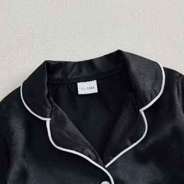 MAINESAKA Toddler Baby Girl Satin Pajamas Set Feather Trim Long Sleeve Button Down Tops Long Pants 2Pcs Pjs Sleepwear Outfits (A-Black, 2-3 Years)