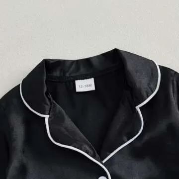 MAINESAKA Toddler Baby Girl Satin Pajamas Set Feather Trim Long Sleeve Button Down Tops Long Pants 2Pcs Pjs Sleepwear Outfits (A-Black, 2-3 Years)