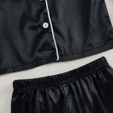 MAINESAKA Toddler Baby Girl Satin Pajamas Set Feather Trim Long Sleeve Button Down Tops Long Pants 2Pcs Pjs Sleepwear Outfits (A-Black, 2-3 Years)