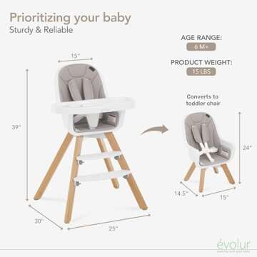 Evolur Zoodle 2 in 1 Convertible Baby High Chair in Light Gray, Easy to Clean, Adjustable and Removable Tray, Compact and Portable High Chair, Foldable High Chair with Adjustable Footrest