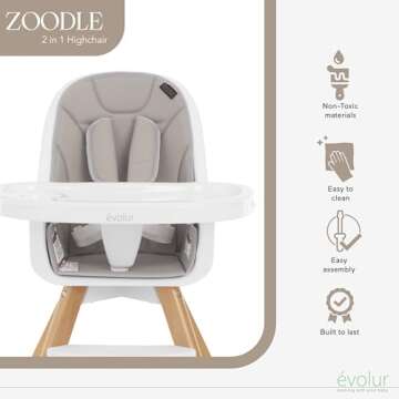 Evolur Zoodle 2 in 1 Convertible Baby High Chair in Light Gray, Easy to Clean, Adjustable and Removable Tray, Compact and Portable High Chair, Foldable High Chair with Adjustable Footrest