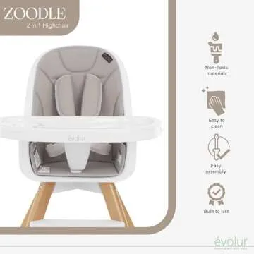 Evolur Zoodle 2 in 1 Convertible Baby High Chair in Light Gray, Easy to Clean, Adjustable and Removable Tray, Compact and Portable High Chair, Foldable High Chair with Adjustable Footrest