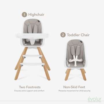 Evolur Zoodle 2 in 1 Convertible Baby High Chair in Light Gray, Easy to Clean, Adjustable and Removable Tray, Compact and Portable High Chair, Foldable High Chair with Adjustable Footrest