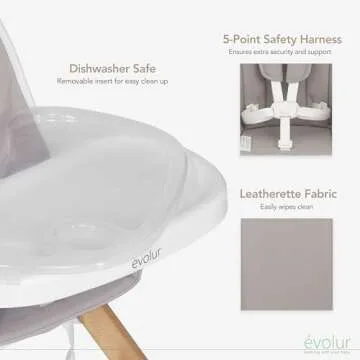 Evolur Zoodle 2 in 1 Convertible Baby High Chair in Light Gray, Easy to Clean, Adjustable and Removable Tray, Compact and Portable High Chair, Foldable High Chair with Adjustable Footrest