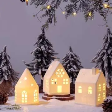 Pawliss Christmas Village Sets, 3Pcs White Christmas Village Sets Christmas Decorations Indoor, Christmas Decorations Farmhouse Rustic Decor for Home Shelf Cabinet Table, Home Display, Tabletop