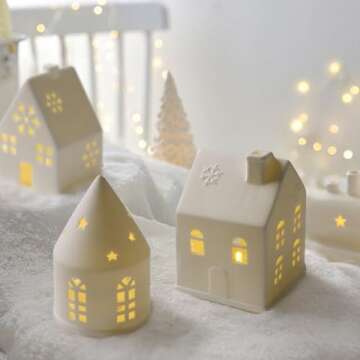 Pawliss Christmas Village Sets, 3Pcs White Christmas Village Sets Christmas Decorations Indoor, Christmas Decorations Farmhouse Rustic Decor for Home Shelf Cabinet Table, Home Display, Tabletop