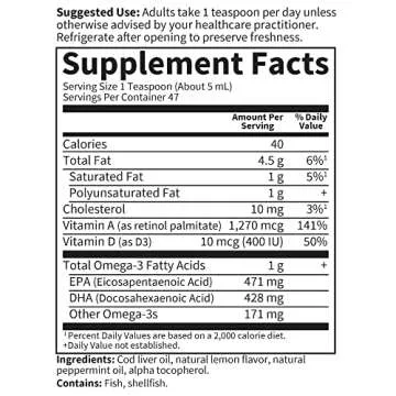 Garden of Life Olde World Icelandic Cod Liver Oil Liquid - Lemon Mint Flavor - 1,000mg Omega 3 Fish Oil, Fatty Acids, EPA, DHA, Vitamin D & A, CLO Fish Oil Supplements for Hearth Health, 47 Servings