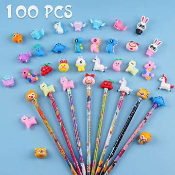 Kolewo4ever 100 Pieces Cartoon Pencil Toppers Animal Pencil Toppers Silicone Pencil Top Dinosaur Uni...