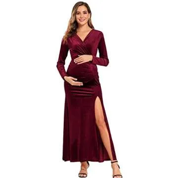 Babalet Maternity Party Dress Long Sleeve Velvet Formal Dresses for Women Burgundy, S