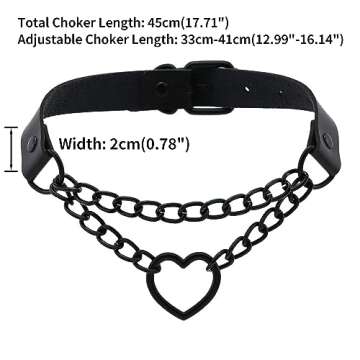 FM FM42 Black PU Simulated Leather Black-tone Gothic Punk Black-tone Heart Ring Cuban Curb Link Chai...