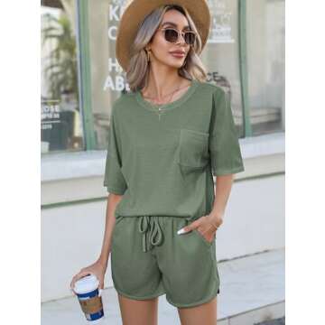 Andeip Women's Pajama Set Waffle Knit Lounge Set Short Sleeve Top and Shorts 2 Piece Loungewear Outfits Olive Green L