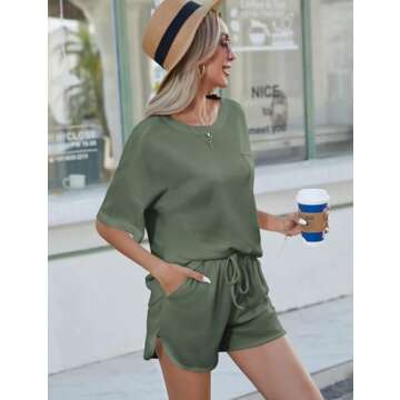 Andeip Women's Pajama Set Waffle Knit Lounge Set Short Sleeve Top and Shorts 2 Piece Loungewear Outfits Olive Green L