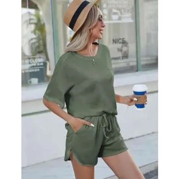 Andeip Women's Pajama Set Waffle Knit Lounge Set Short Sleeve Top and Shorts 2 Piece Loungewear Outfits Olive Green L