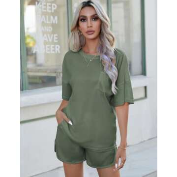 Andeip Women's Pajama Set Waffle Knit Lounge Set Short Sleeve Top and Shorts 2 Piece Loungewear Outfits Olive Green L