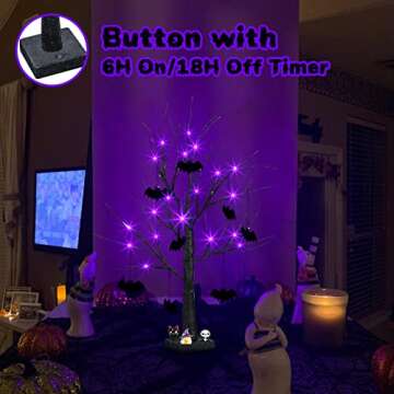 PEIDUO Halloween Decorations, 2FT Black Halloween Tree with 24 Purple Lights and 8 Bat Ornaments, Li...