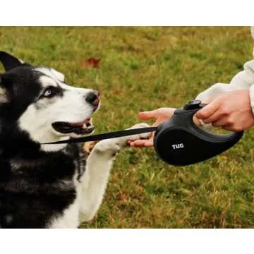 TUG 360° Tangle-Free Retractable Dog Leash with Anti-Slip Handle | 16 ft Strong Nylon Tape | One-Handed Brake, Pause, Lock (Medium, Black/Grey)