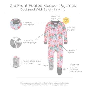 Burt's Bees Baby baby girls Pajamas, Zip Front Non-slip Footed Pjs, 100% Organic Cotton and Toddler Sleepers, Tossed Succulent, 12 Months US