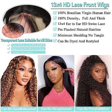 Lace Front Wigs Human Hair Deep Wave Lace Front Wigs for Black Women HD Transparent Deep Curly Wig Human Hair Pre Plucked with Baby Hair 18inch Brazilian Virgin Curly Wave Frontal Wigs 180% Density