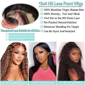 Lace Front Wigs Human Hair Deep Wave Lace Front Wigs for Black Women HD Transparent Deep Curly Wig Human Hair Pre Plucked with Baby Hair 18inch Brazilian Virgin Curly Wave Frontal Wigs 180% Density