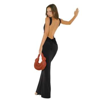 RARITYUS Women’s Elegant Satin Bow Maxi Dress Sexy Cowl Neck Backless Wedding Guest Dress Cocktail Party Evening Gown Black