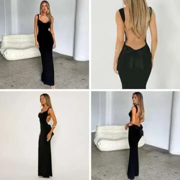 RARITYUS Women’s Elegant Satin Bow Maxi Dress Sexy Cowl Neck Backless Wedding Guest Dress Cocktail Party Evening Gown Black